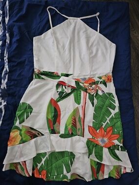 CBR White Halter Mini Dress with Green & Orange Tropical Print